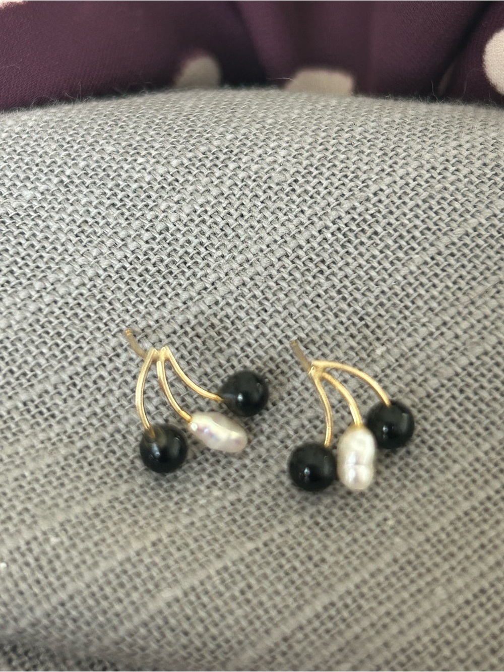 14k Gold Cherry Drop Earrings with Black Beads and Pearl Accent